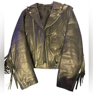 Vintage Black Leather Jacket Echtes Leder Futter Size 36 Women's Fringed Sleeves